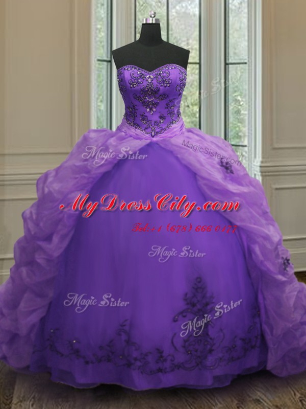 Attractive Pick Ups Purple Sleeveless Organza Court Train Lace Up Vestidos de Quinceanera for Military Ball and Sweet 16 and Quinceanera