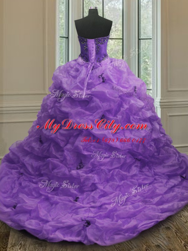 Attractive Pick Ups Purple Sleeveless Organza Court Train Lace Up Vestidos de Quinceanera for Military Ball and Sweet 16 and Quinceanera