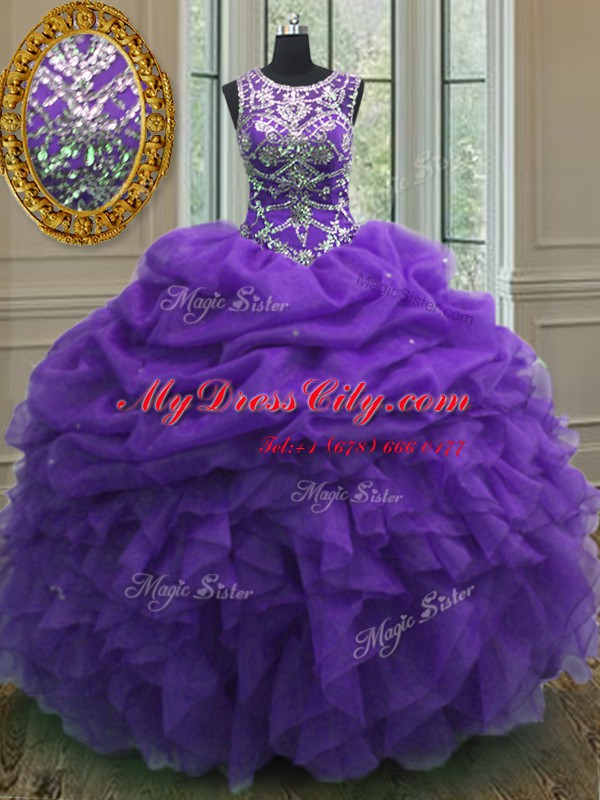 Luxury Purple Organza Lace Up Scoop Sleeveless Floor Length Quinceanera Dresses Beading and Ruffles and Pick Ups