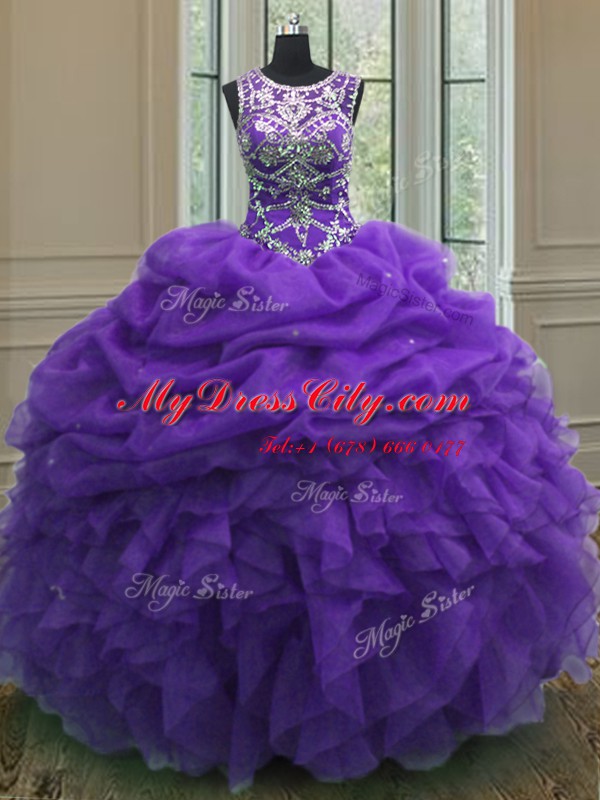 Luxury Purple Organza Lace Up Scoop Sleeveless Floor Length Quinceanera Dresses Beading and Ruffles and Pick Ups