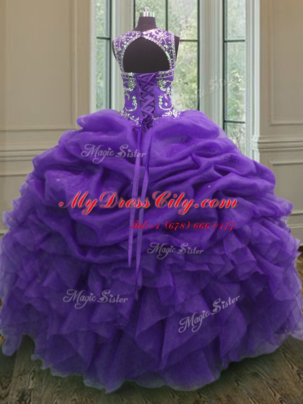 Luxury Purple Organza Lace Up Scoop Sleeveless Floor Length Quinceanera Dresses Beading and Ruffles and Pick Ups