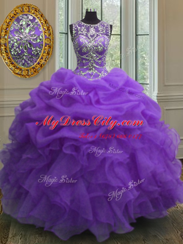 Scoop Sleeveless Organza Floor Length Lace Up Quinceanera Gowns in Purple with Beading and Ruffles and Pick Ups