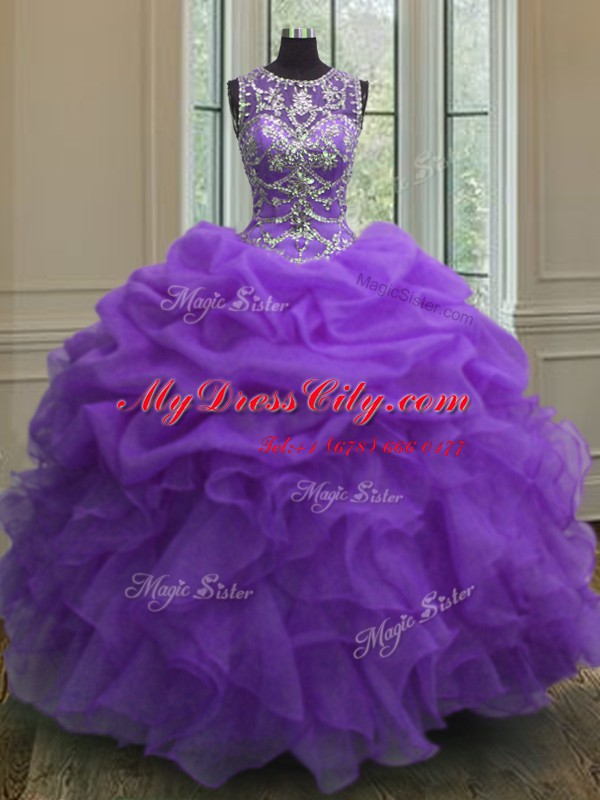 Scoop Sleeveless Organza Floor Length Lace Up Quinceanera Gowns in Purple with Beading and Ruffles and Pick Ups