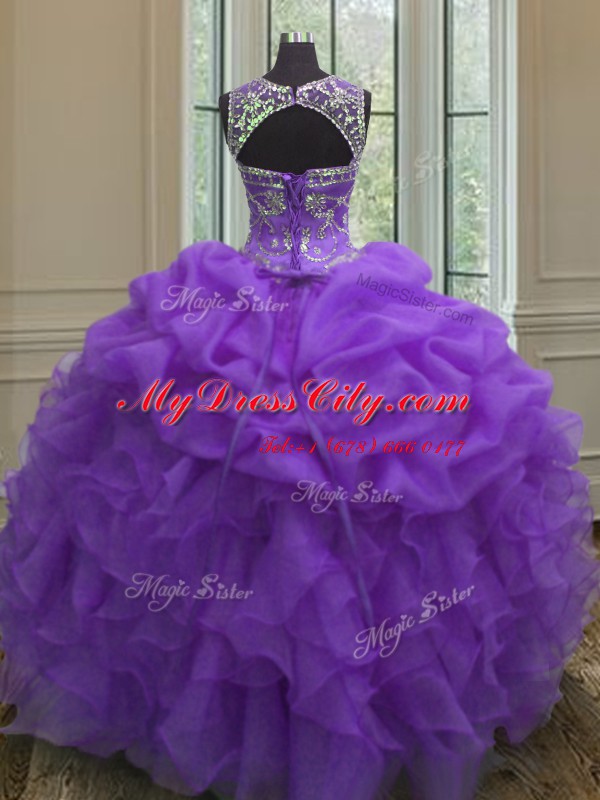 Scoop Sleeveless Organza Floor Length Lace Up Quinceanera Gowns in Purple with Beading and Ruffles and Pick Ups