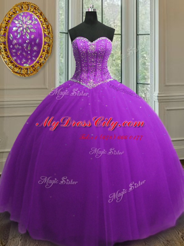 Floor Length Lace Up Quinceanera Gowns Purple for Military Ball and Sweet 16 and Quinceanera with Beading and Sequins