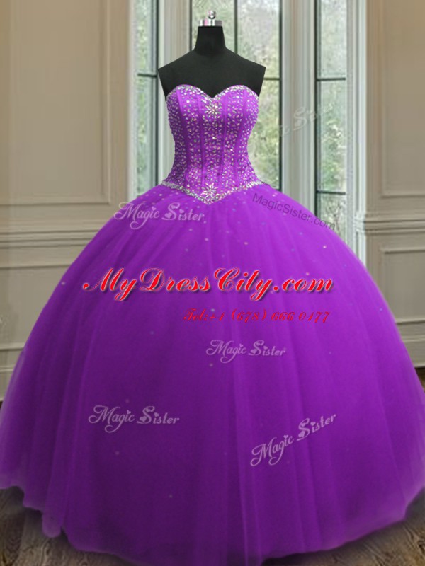 Floor Length Lace Up Quinceanera Gowns Purple for Military Ball and Sweet 16 and Quinceanera with Beading and Sequins