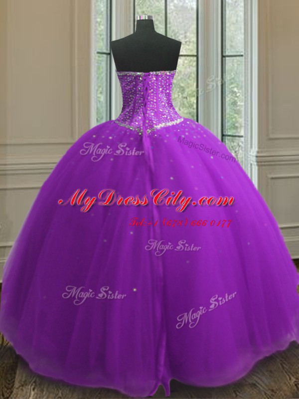 Floor Length Lace Up Quinceanera Gowns Purple for Military Ball and Sweet 16 and Quinceanera with Beading and Sequins