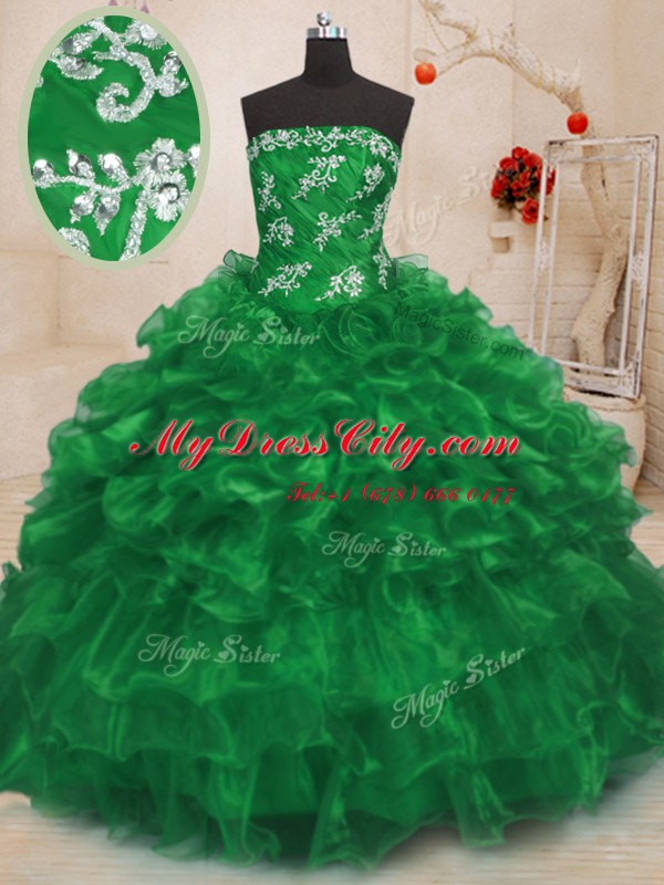 Extravagant Organza Strapless Sleeveless Lace Up Beading and Appliques and Ruffles Ball Gown Prom Dress in Green