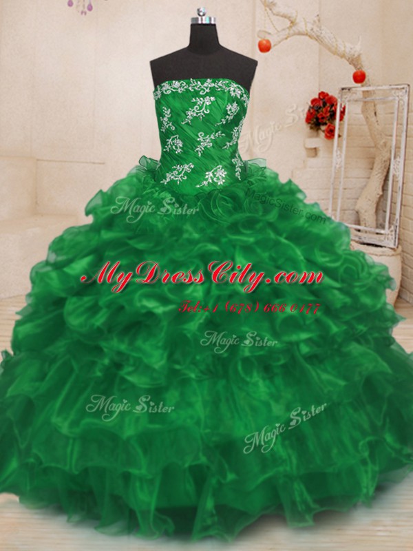 Extravagant Organza Strapless Sleeveless Lace Up Beading and Appliques and Ruffles Ball Gown Prom Dress in Green