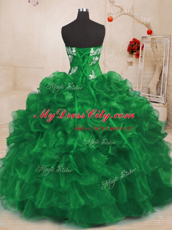 Extravagant Organza Strapless Sleeveless Lace Up Beading and Appliques and Ruffles Ball Gown Prom Dress in Green