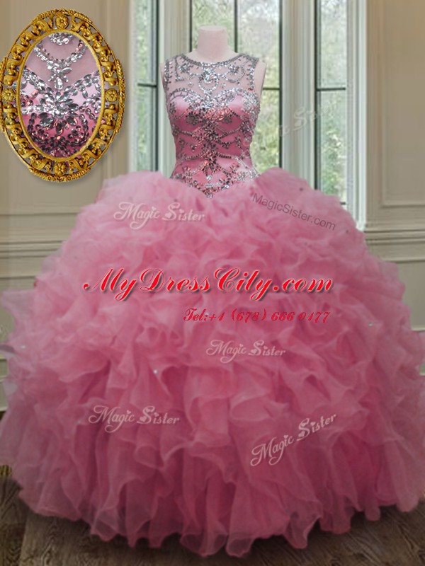 Most Popular Scoop Rose Pink Lace Up Quinceanera Dress Beading and Ruffles Sleeveless Floor Length