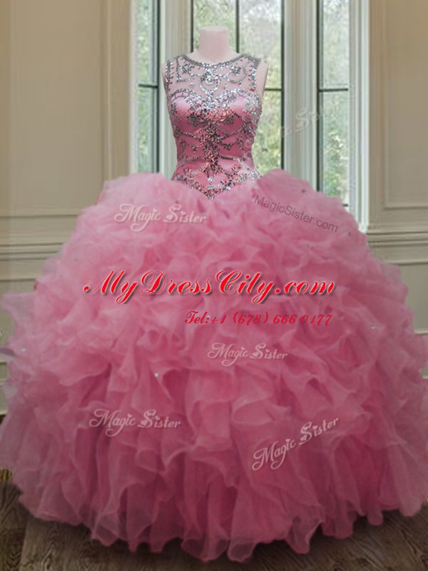 Most Popular Scoop Rose Pink Lace Up Quinceanera Dress Beading and Ruffles Sleeveless Floor Length