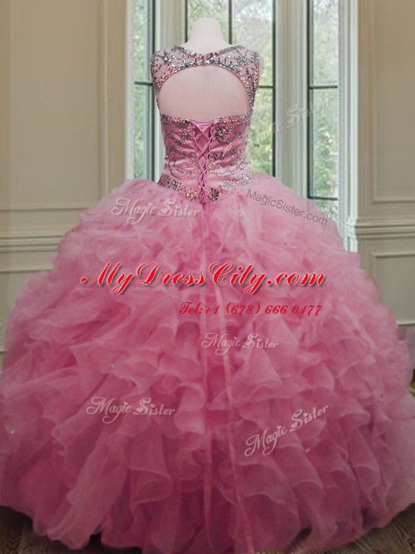 Most Popular Scoop Rose Pink Lace Up Quinceanera Dress Beading and Ruffles Sleeveless Floor Length