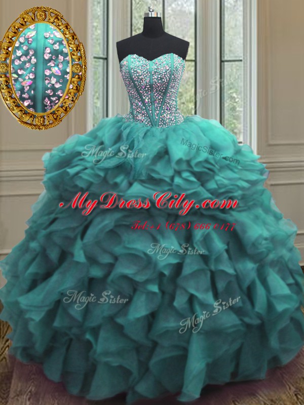 Stunning Turquoise Organza Lace Up Sweetheart Sleeveless Floor Length Ball Gown Prom Dress Beading and Ruffles