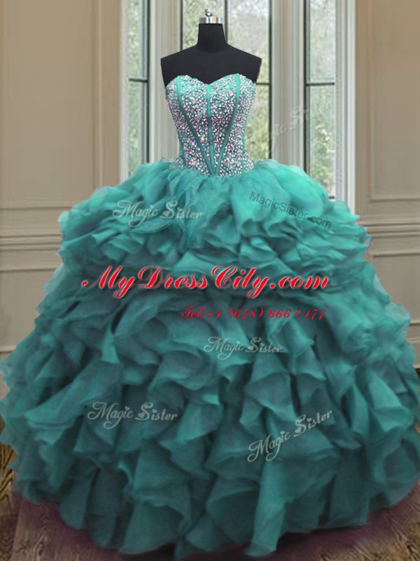 Stunning Turquoise Organza Lace Up Sweetheart Sleeveless Floor Length Ball Gown Prom Dress Beading and Ruffles