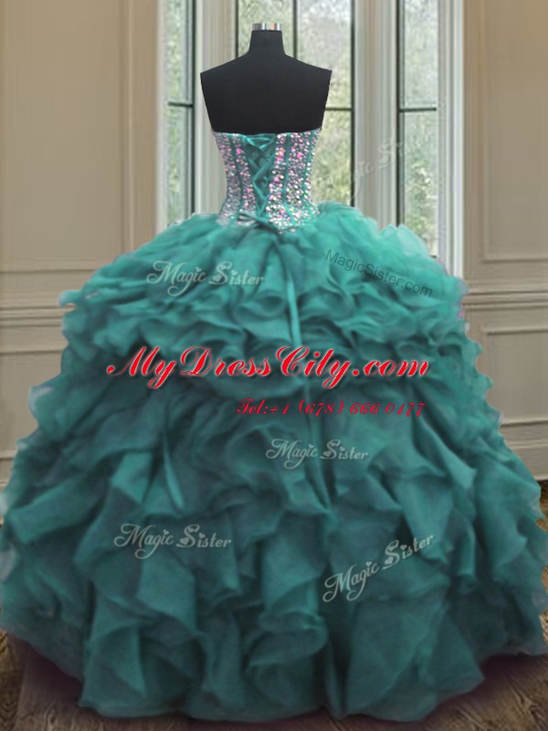 Stunning Turquoise Organza Lace Up Sweetheart Sleeveless Floor Length Ball Gown Prom Dress Beading and Ruffles