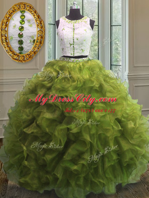 Scoop Clasp Handle Floor Length Olive Green Quinceanera Gown Organza Sleeveless Appliques and Ruffles