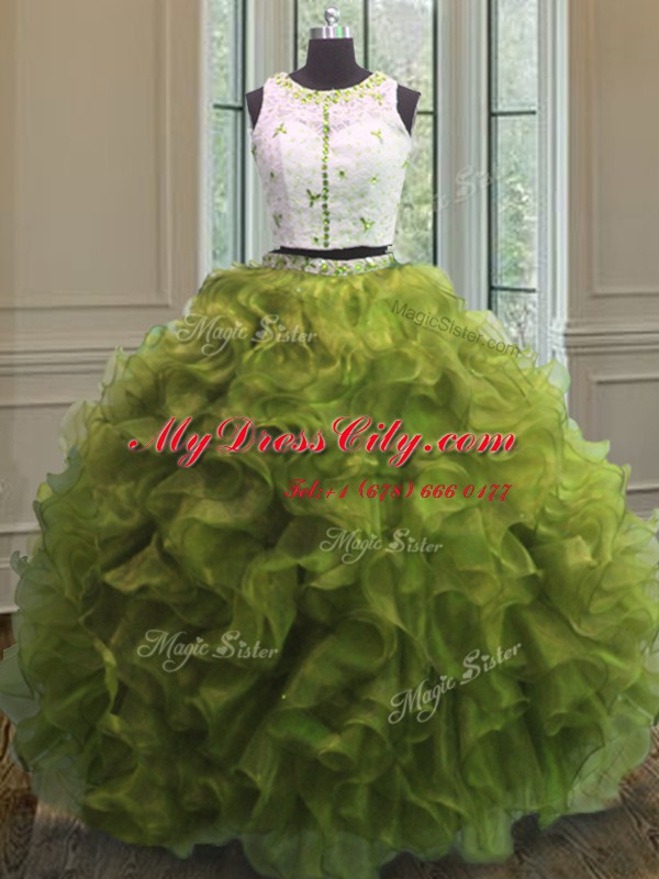 Scoop Clasp Handle Floor Length Olive Green Quinceanera Gown Organza Sleeveless Appliques and Ruffles