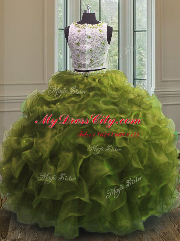 Scoop Clasp Handle Floor Length Olive Green Quinceanera Gown Organza Sleeveless Appliques and Ruffles