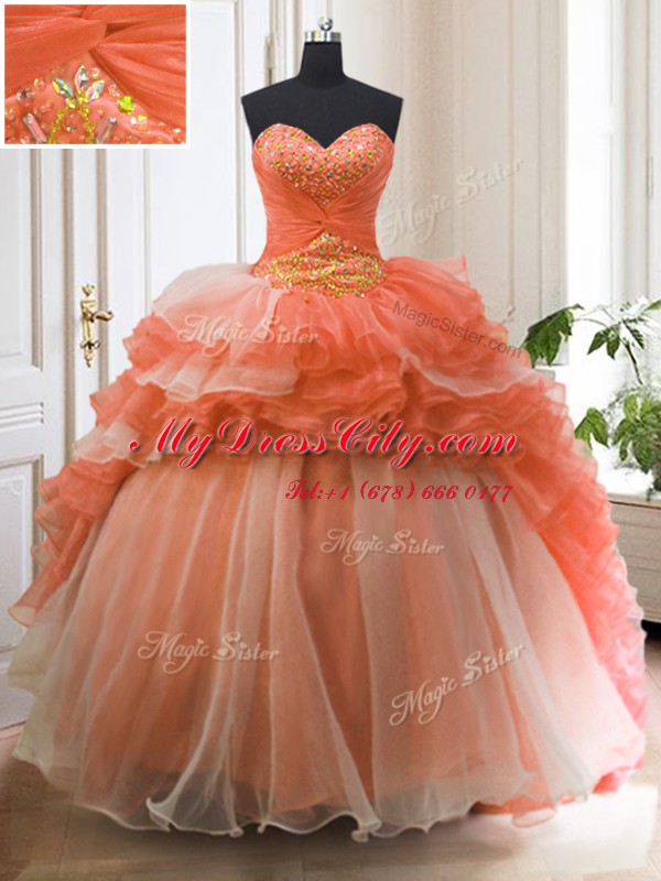 Chic Orange Red Ball Gowns Beading and Ruffled Layers Quinceanera Dress Lace Up Organza Sleeveless With Train