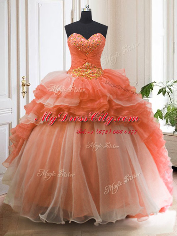 Chic Orange Red Ball Gowns Beading and Ruffled Layers Quinceanera Dress Lace Up Organza Sleeveless With Train