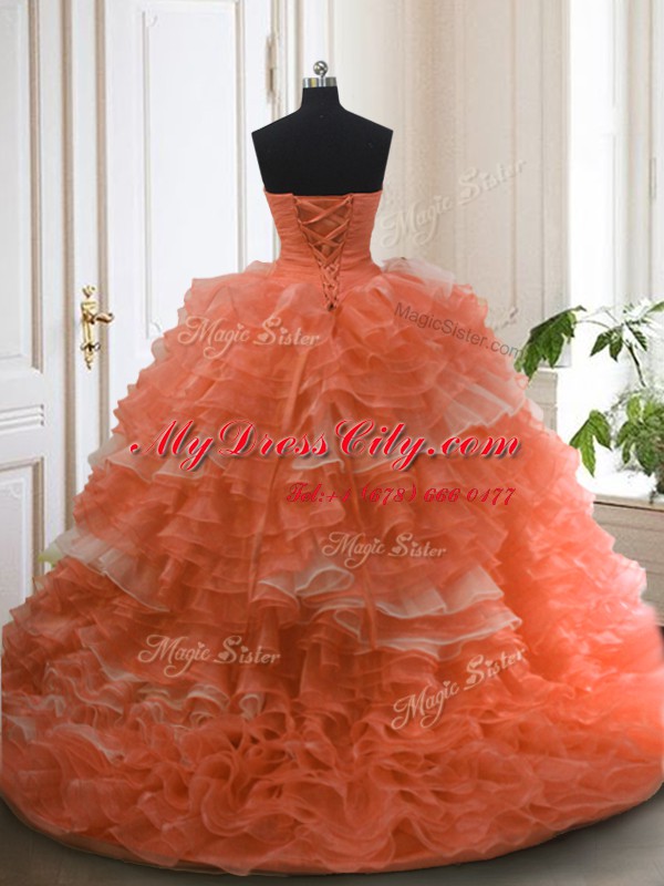 Chic Orange Red Ball Gowns Beading and Ruffled Layers Quinceanera Dress Lace Up Organza Sleeveless With Train