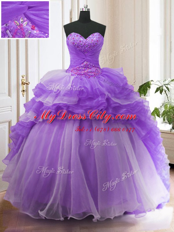 Lavender Ball Gowns Organza Sweetheart Sleeveless Beading and Ruffled Layers With Train Lace Up Quince Ball Gowns Sweep Train