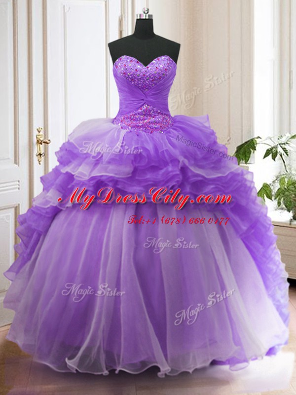 Lavender Ball Gowns Organza Sweetheart Sleeveless Beading and Ruffled Layers With Train Lace Up Quince Ball Gowns Sweep Train