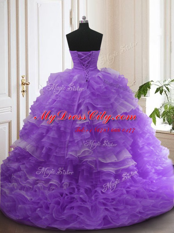 Lavender Ball Gowns Organza Sweetheart Sleeveless Beading and Ruffled Layers With Train Lace Up Quince Ball Gowns Sweep Train