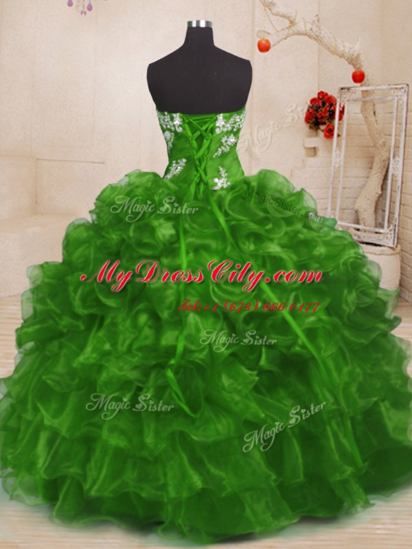 Eye-catching Ball Gowns Strapless Sleeveless Organza Floor Length Lace Up Beading and Appliques Quinceanera Gowns