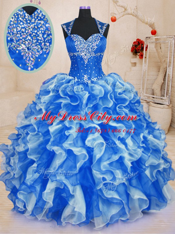 Royal Blue Sleeveless Organza Lace Up Quinceanera Gowns for Military Ball and Sweet 16 and Quinceanera