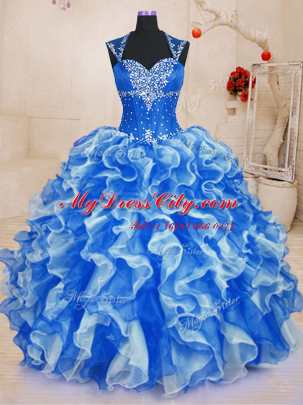 Royal Blue Sleeveless Organza Lace Up Quinceanera Gowns for Military Ball and Sweet 16 and Quinceanera