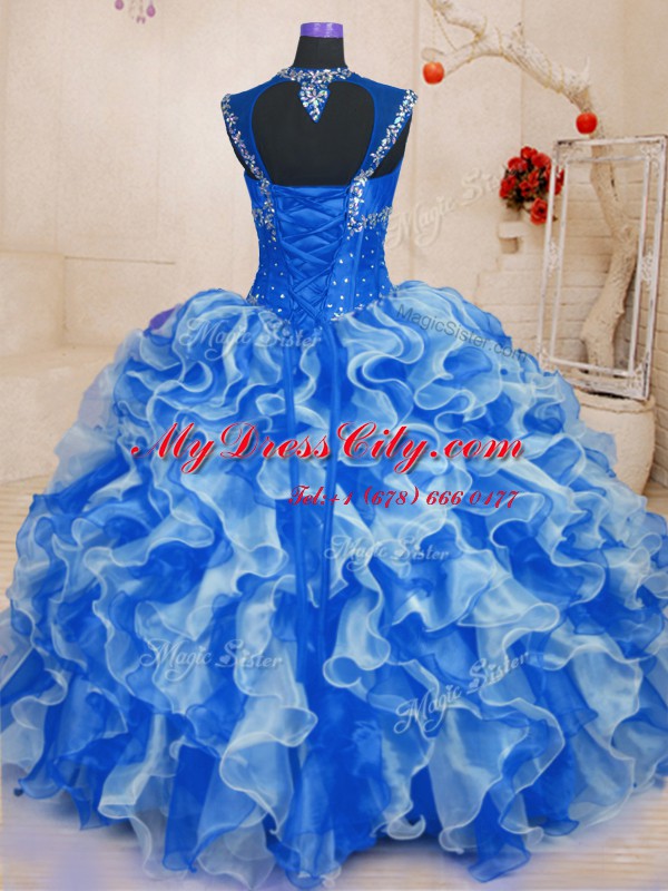 Royal Blue Sleeveless Organza Lace Up Quinceanera Gowns for Military Ball and Sweet 16 and Quinceanera