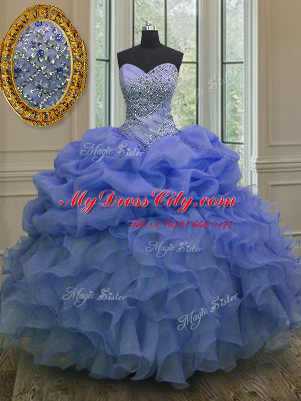 Custom Design Blue Organza Lace Up Quinceanera Dresses Sleeveless Floor Length Beading and Ruffles and Pick Ups