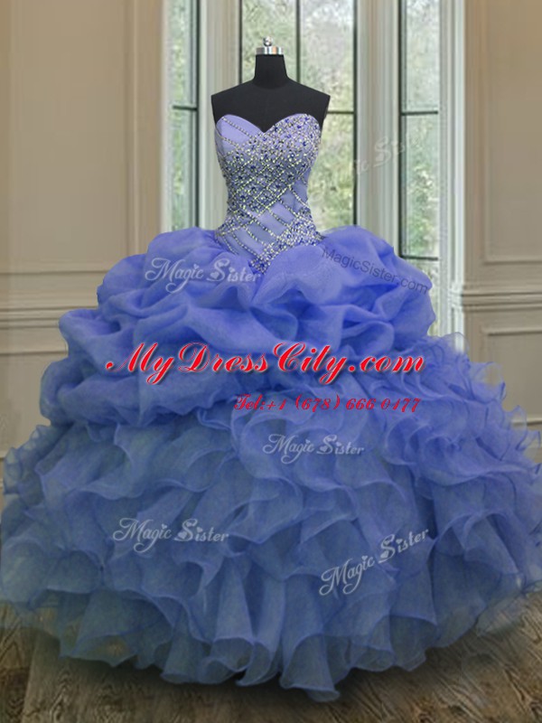 Custom Design Blue Organza Lace Up Quinceanera Dresses Sleeveless Floor Length Beading and Ruffles and Pick Ups