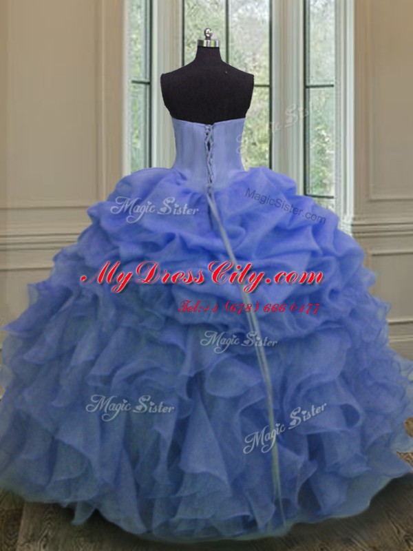 Custom Design Blue Organza Lace Up Quinceanera Dresses Sleeveless Floor Length Beading and Ruffles and Pick Ups