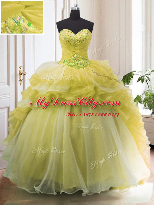 Ruffled Court Train Ball Gowns Quinceanera Dress Light Yellow Sweetheart Organza Sleeveless With Train Lace Up