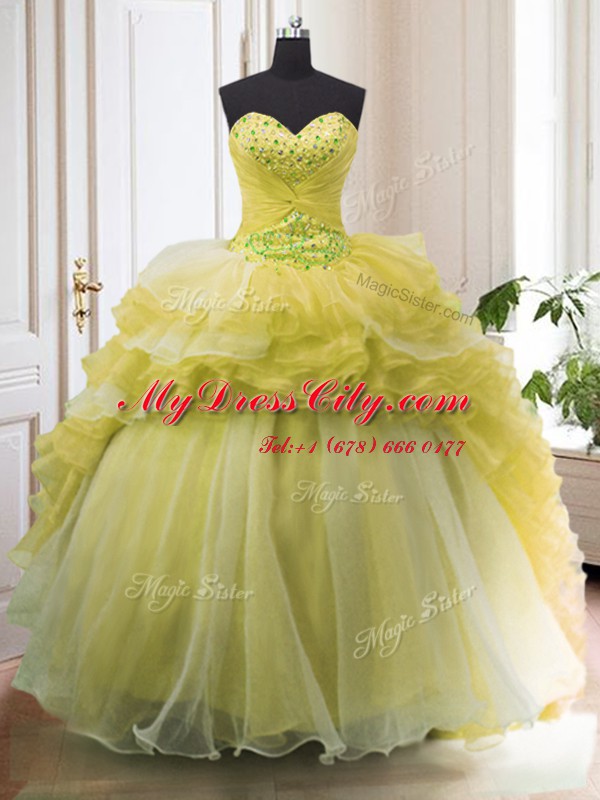 Ruffled Court Train Ball Gowns Quinceanera Dress Light Yellow Sweetheart Organza Sleeveless With Train Lace Up