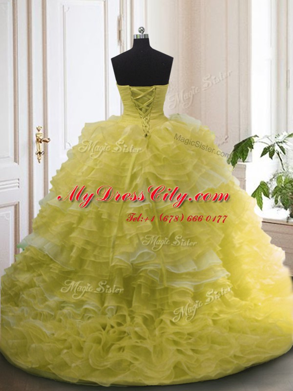 Ruffled Court Train Ball Gowns Quinceanera Dress Light Yellow Sweetheart Organza Sleeveless With Train Lace Up