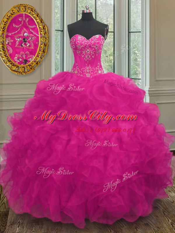 Discount Ball Gowns Quinceanera Gown Fuchsia Sweetheart Organza Sleeveless Floor Length Lace Up