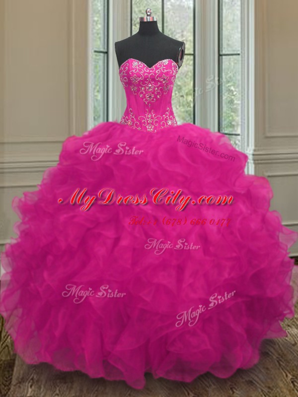 Discount Ball Gowns Quinceanera Gown Fuchsia Sweetheart Organza Sleeveless Floor Length Lace Up