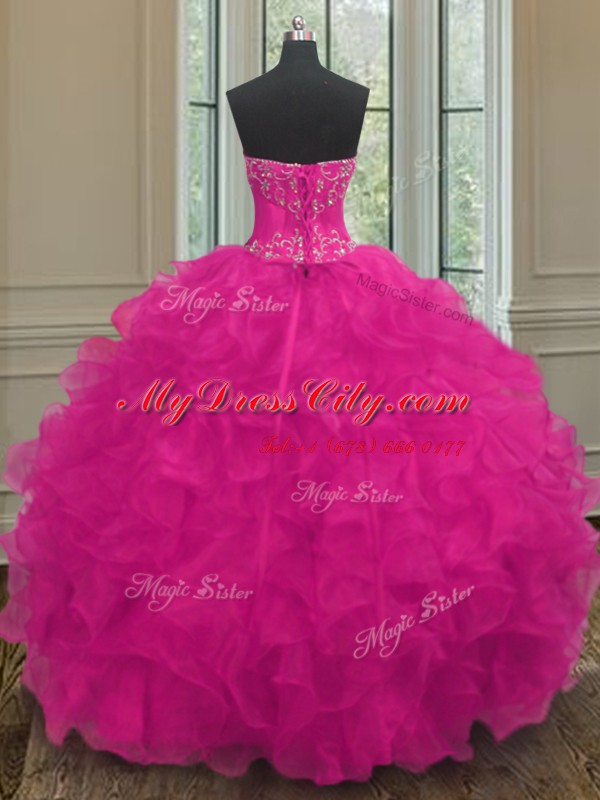 Discount Ball Gowns Quinceanera Gown Fuchsia Sweetheart Organza Sleeveless Floor Length Lace Up