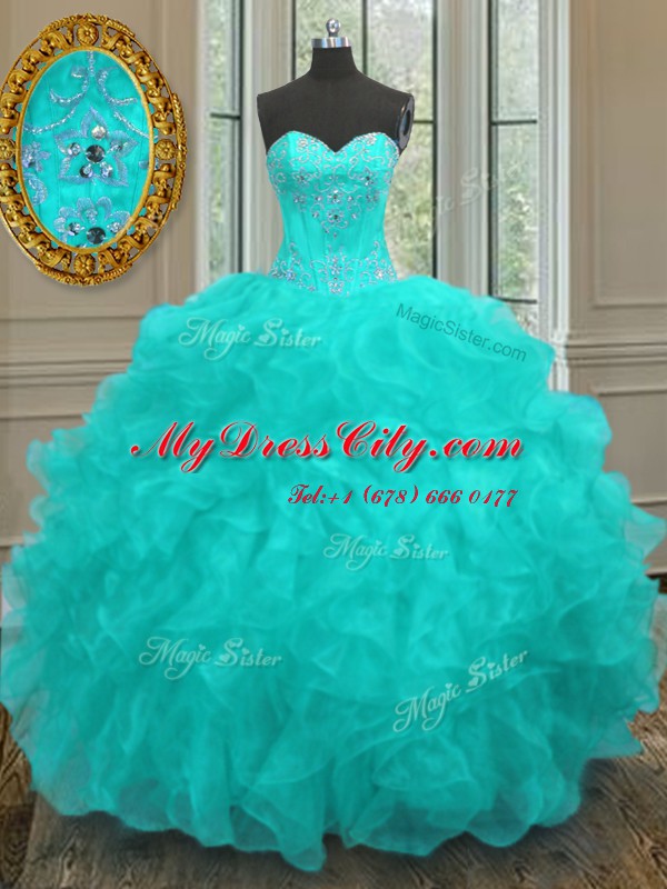 Low Price Beading and Embroidery and Ruffles 15th Birthday Dress Aqua Blue Lace Up Sleeveless Floor Length