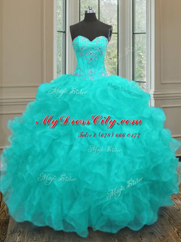 Low Price Beading and Embroidery and Ruffles 15th Birthday Dress Aqua Blue Lace Up Sleeveless Floor Length