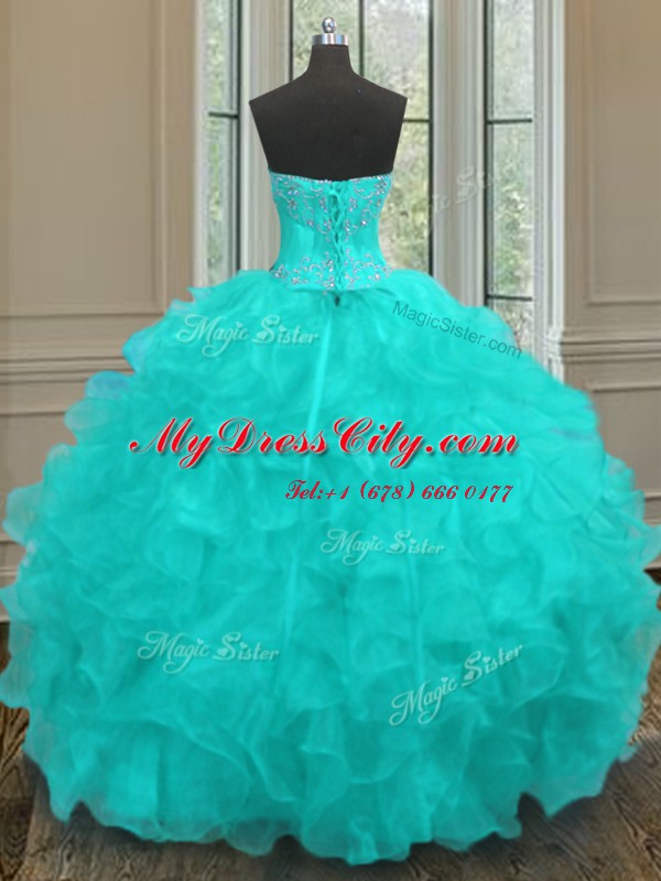 Low Price Beading and Embroidery and Ruffles 15th Birthday Dress Aqua Blue Lace Up Sleeveless Floor Length