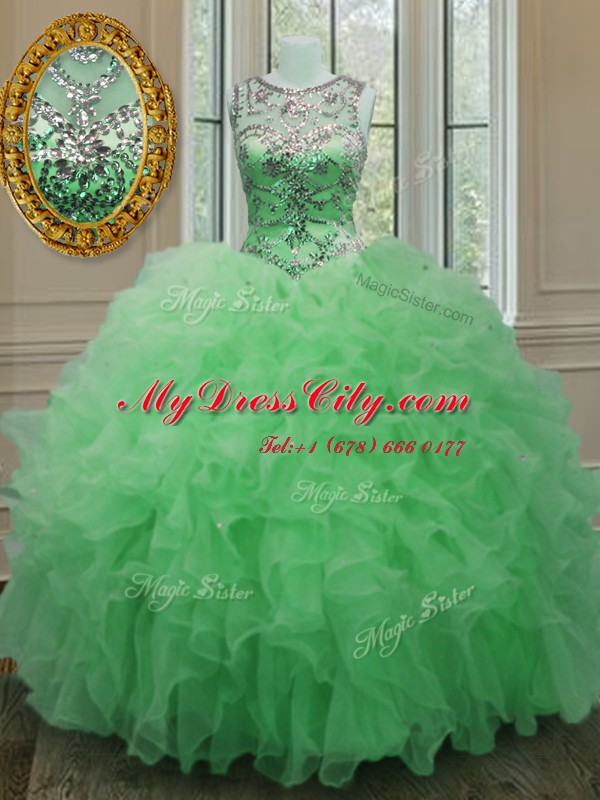 Custom Designed Scoop Sleeveless Floor Length Beading and Ruffles Lace Up Sweet 16 Dress with Green