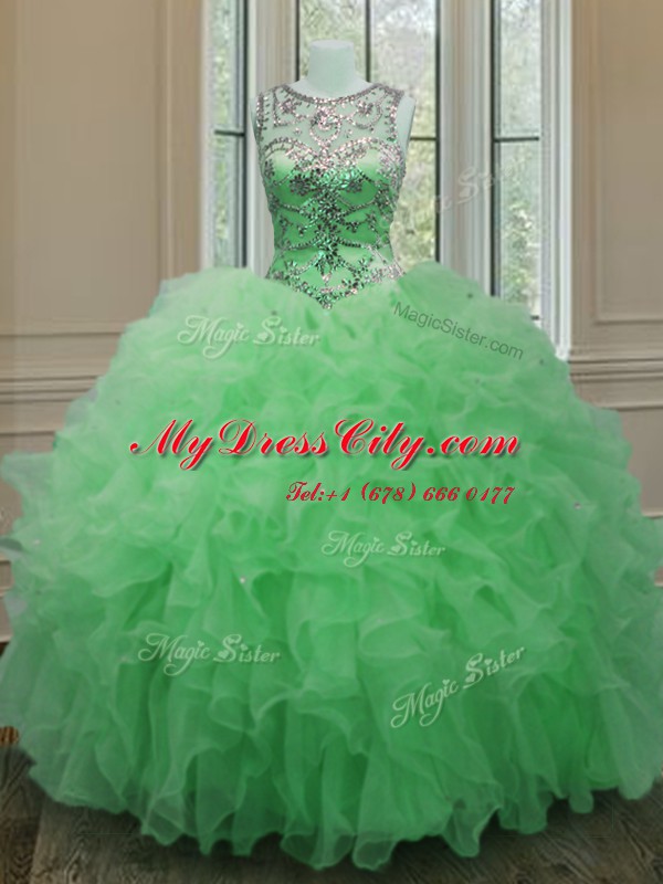 Custom Designed Scoop Sleeveless Floor Length Beading and Ruffles Lace Up Sweet 16 Dress with Green