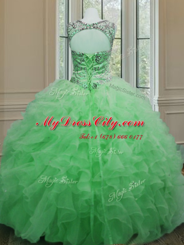 Custom Designed Scoop Sleeveless Floor Length Beading and Ruffles Lace Up Sweet 16 Dress with Green