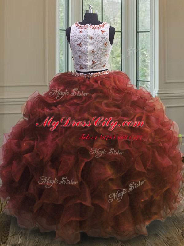 Gorgeous Scoop Rust Red Ball Gowns Appliques and Ruffles Sweet 16 Dresses Clasp Handle Organza Sleeveless Floor Length