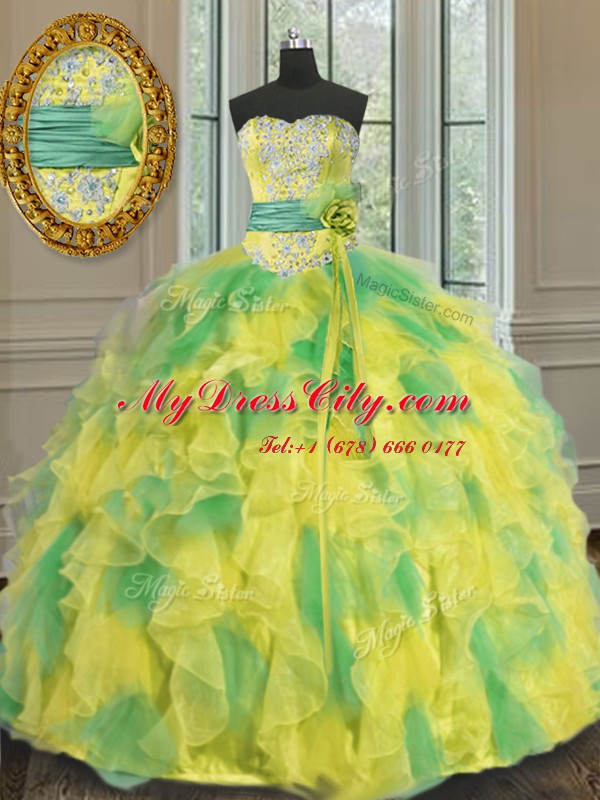 Artistic Halter Top Beading and Appliques and Ruffles and Sashes ribbons and Hand Made Flower Quince Ball Gowns Multi-color Lace Up Sleeveless Floor Length